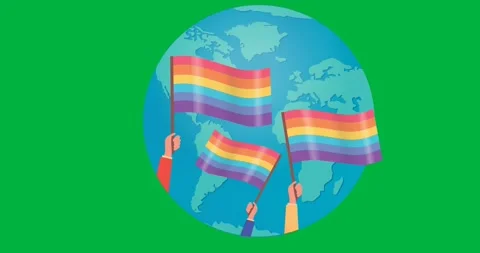 Digital animation of hands holding rainbow flags over globe icon against black Stock Footage 318862386