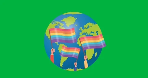 Digital animation of hands holding rainbow flags over globe icon against black Stock Footage 318862426