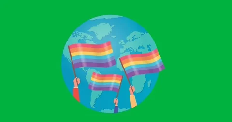 Digital animation of hands holding rainbow flags over globe icon against black Stock Footage 318942509