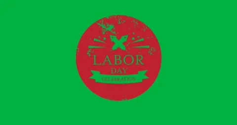 Digital animation of happy labor day text over round grunge red banner against Stock Footage 325566027
