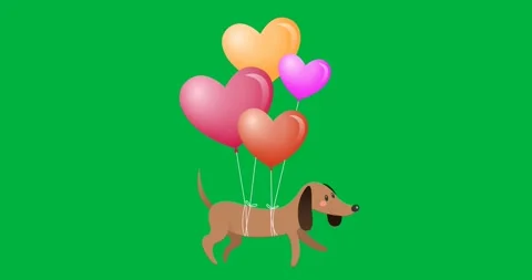 Digital animation of heart shaped balloons ties to a dog icon against black Stock Footage 318570218