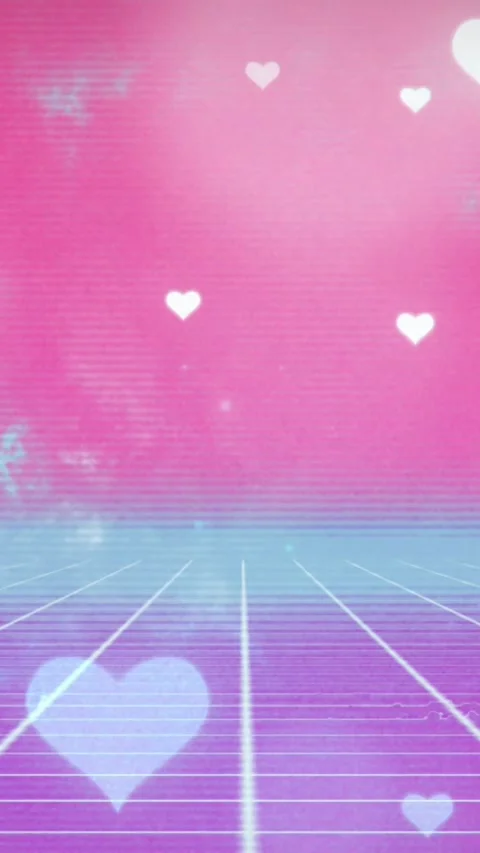 Digital animation of heart shapes falling on grid pattern against pink and blue Stock Footage 344402251