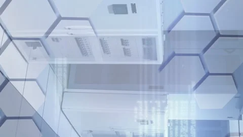 Digital animation of hexagonal shapes and light trails against empty server room Stock Footage 312662481