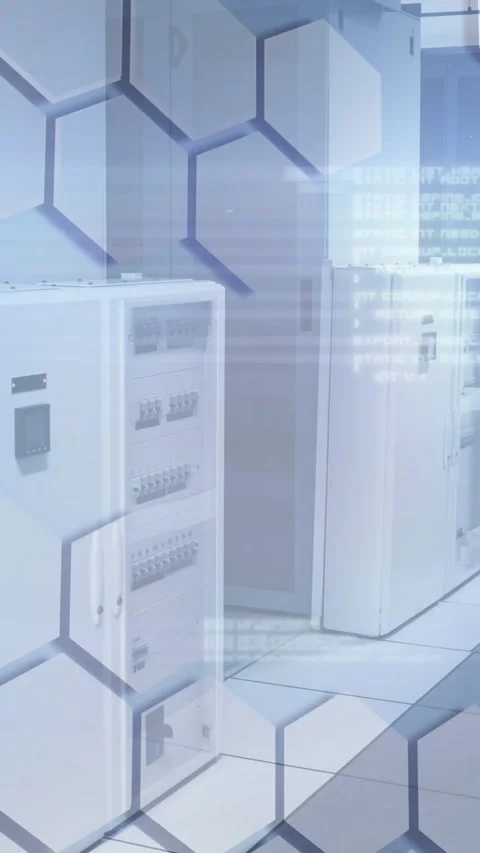 Digital animation of hexagonal shapes and light trails against empty server room Stock Footage 323682236