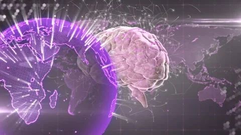 Digital animation of human brain and globe spinning over world map against grey Stock Footage 328587597