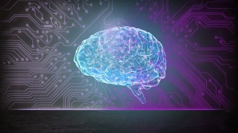 Digital animation of human brain spinning over microprocessor connections Vídeo Stock 197413290