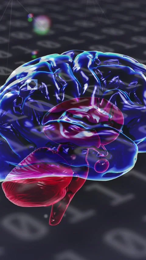 Digital animation of human brain spinning against binary coding data processing Stock Footage 323682430