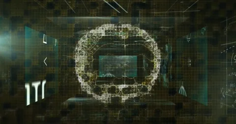 Digital animation of human brain spinning against screens with mathematical Stock Footage 328362945