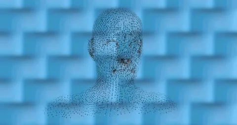 Digital animation of human face model spinning against textured pattern on blue Stock Footage 157934330