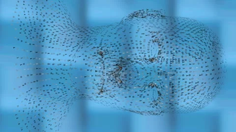 Digital animation of human face model spinning against textured pattern on blue Stock Footage 313522865