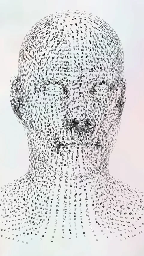 Digital animation of human face model spinning against white background Stock Footage 343919631