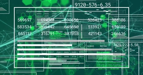 Digital animation of interface with changing numbers and graphs over computer Stock Footage 328096335