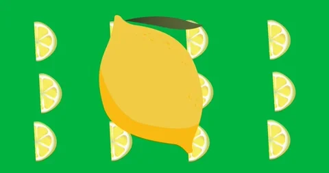 Digital animation of lemon icon against multiple lime slice icons spinning on Stock Footage 318941922