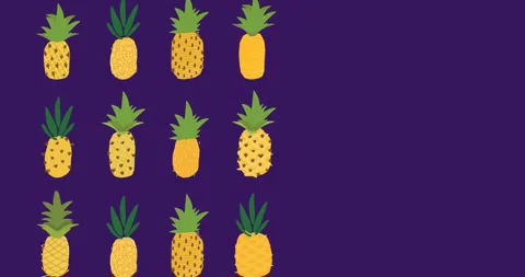 Digital animation of light trails over multiple pineapples moving against blue Stock Footage 329491581
