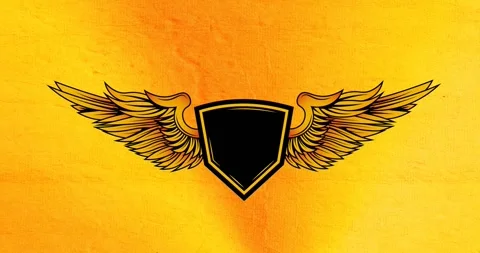 Digital animation of logo design with badge and wings against yellow background Stock Footage 328816308