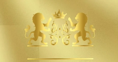 Digital animation of logo design with lion and crown against golden background Stock Footage 329104375