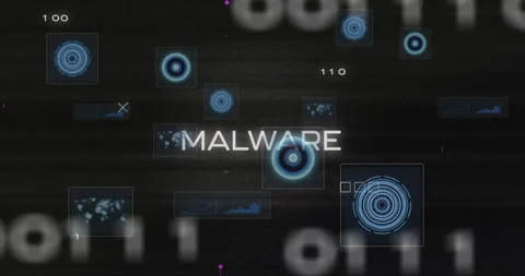 Digital animation of malware warning with binary code and data elements Stock Footage 303608652