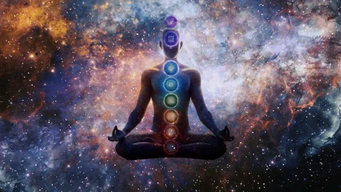 Digital animation of a meditating figure with visible chakras Stock Footage 278076282