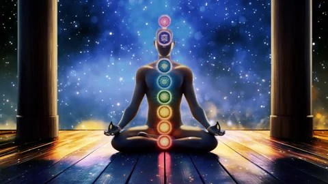 Digital animation of a meditating figure with visible chakras Stock Footage 321489232