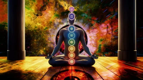 Digital animation of a meditating figure with visible chakras Stock Footage 321663040