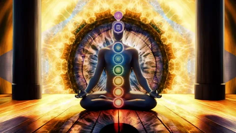 Digital animation of a meditating figure with visible chakras Stock Footage 325220100