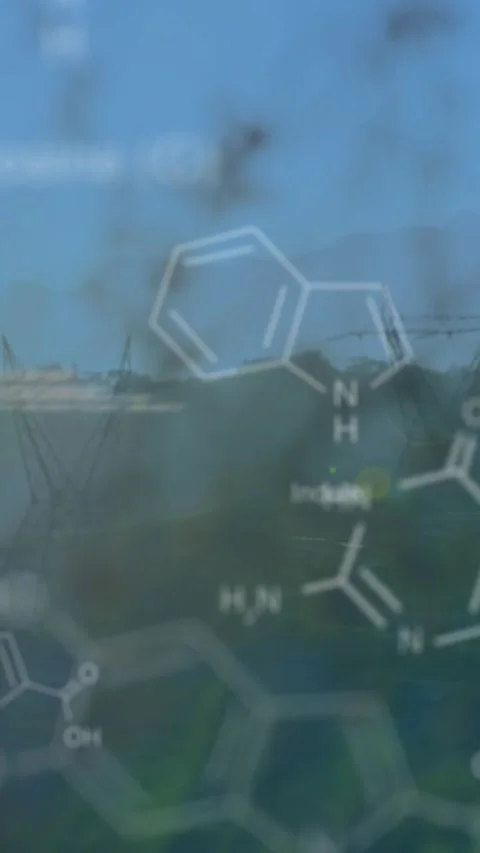 Digital animation merges chemistry, code, and nature at sunset. Stock Footage 342136870