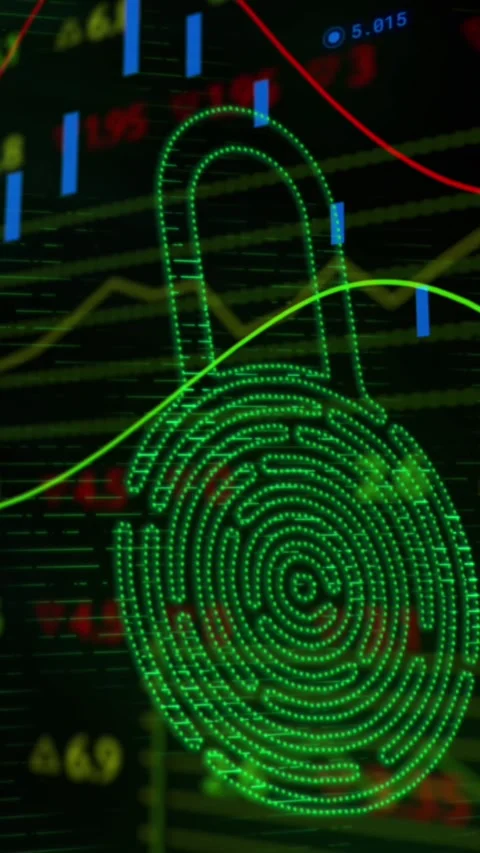 Digital animation merges stock data and biometric security in a global finance Stock Footage 343824760
