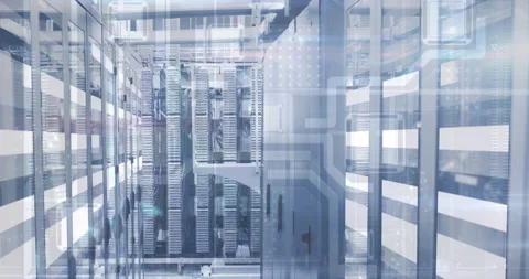 Digital animation of microprocessor connections against empty server room Video stock 147870856