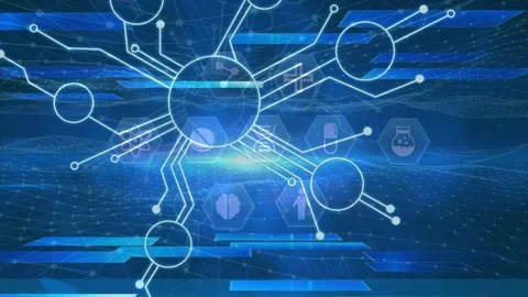 Digital animation of microprocessor connections and multiple medical icons Stock Footage 201682676