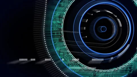 Digital animation of microprocessor connections over neon round scanner on black Video stock 162933031