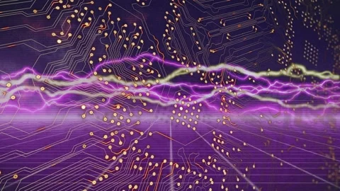 Digital animation of microprocessor connections over purple light trails against Vídeo Stock 199360937