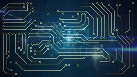 Digital animation of microprocessor connections over data processing on blue Stock Footage 199580766