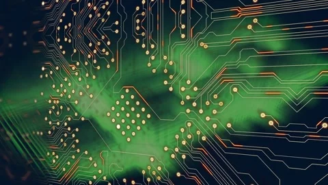 Digital animation of microprocessor connections over green light trails against 库存影片 328363043