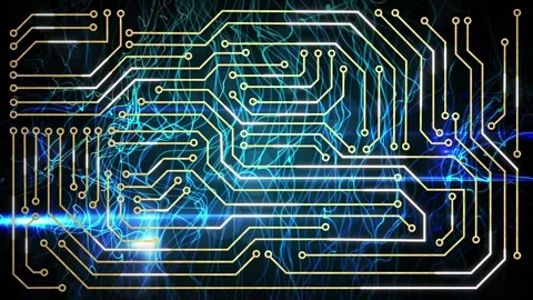 Digital animation of microprocessor connections over blue digital waves against Vídeo Stock 329986020