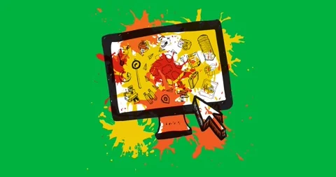 Digital animation of multiple business concept icons over paint splash against Stock Footage 318633412