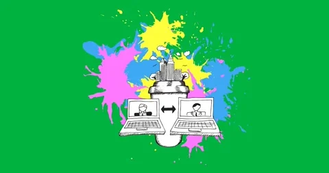 Digital animation of multiple business concept icons over paint splash against Stock Footage 318638481