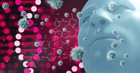 Digital animation of multiple cells floating over human face model against blue Stock Footage 327122554