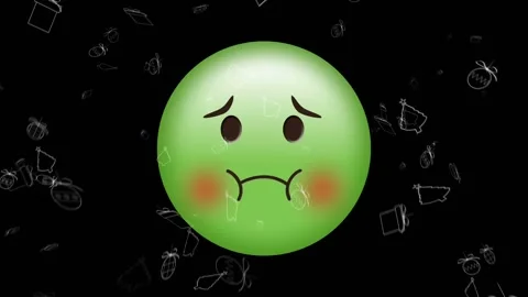 Digital animation of multiple christmas icons over green sick face emoji against Stock Footage 329022622