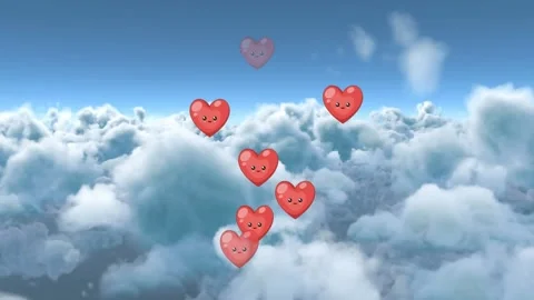Digital animation of multiple clouds icons over mountains face emojis against Stock Footage 329364740