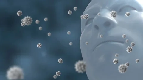 Digital animation of multiple covid-19 cells floating over human face model Stock Footage 329367305