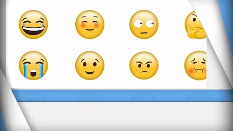Digital animation of multiple face emojis against blue and white background Stock Footage 328640778