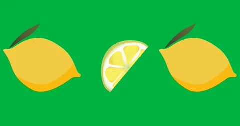Digital animation of multiple lemon slice and lemon icons falling against black Stock Footage 318941995