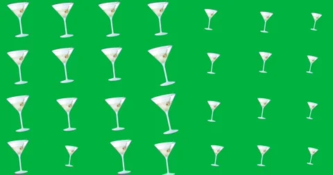 Digital animation of multiple martini glasses icons in seamless pattern on black Stock Footage 318769250