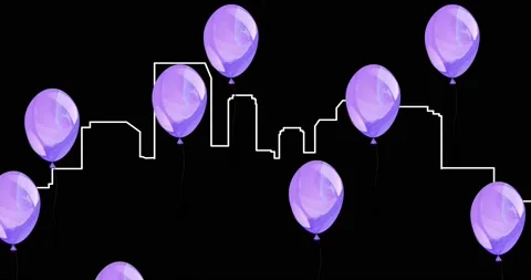 Digital animation of multiple purple balloons floating over city structure Stock Footage 170779168