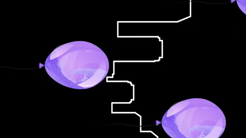 Digital animation of multiple purple balloons floating over city structure Stock Footage 312641550