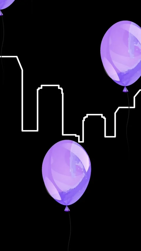 Digital animation of multiple purple balloons floating over city structure Stock Footage 324433547