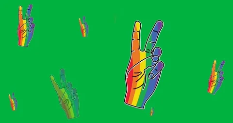 Digital animation of multiple rainbow hand peace symbol icons against black Stock Footage 318862347