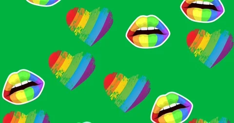 Digital animation of multiple rainbow heart and lips icons falling against black Stock Footage 318862450