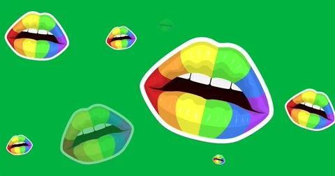 Digital animation of multiple rainbow lips icons against black background Stock Footage 318862346