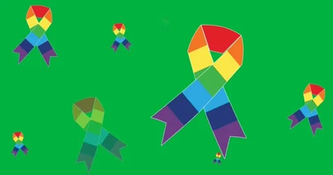 Digital animation of multiple rainbow ribbon icons against black background Stock Footage 318862345